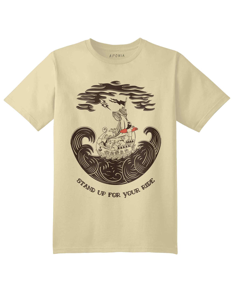 Noah tshirt in yellow color, with graphic of Noah and his skateboard and crew animals in the ship. text: stand up for your ride