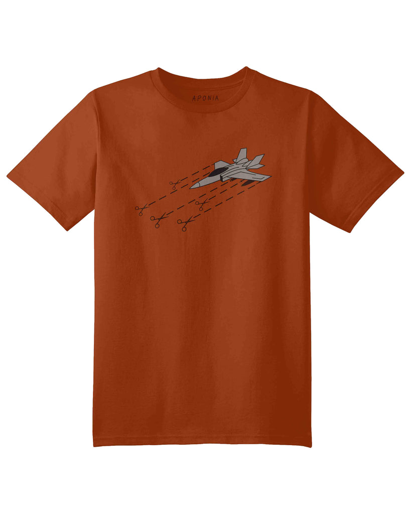 Plane tshirt in orange color with the graphic of scissors cutting a fighter aircraft