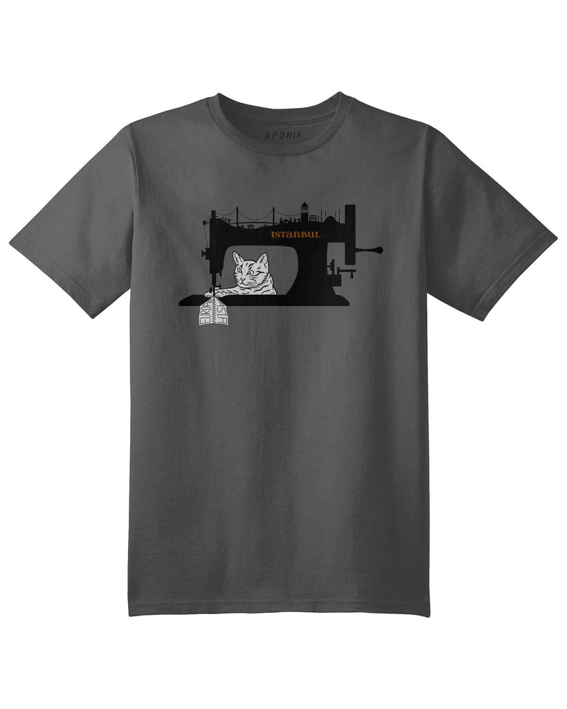 Istanbul cat tshirt in gray color, Istanbul cat is connecting Europe to Asia with a sewing machine