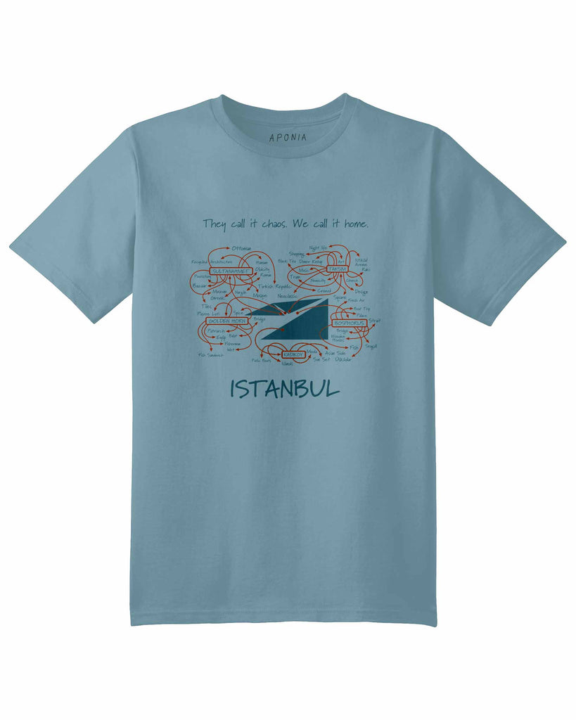 Aponia Store, Istanbul map tshirt in blue color is a showing all the attractions of Istanbul on the map in a funny way with the text: Istanbul, they call it chaos, we call it home 