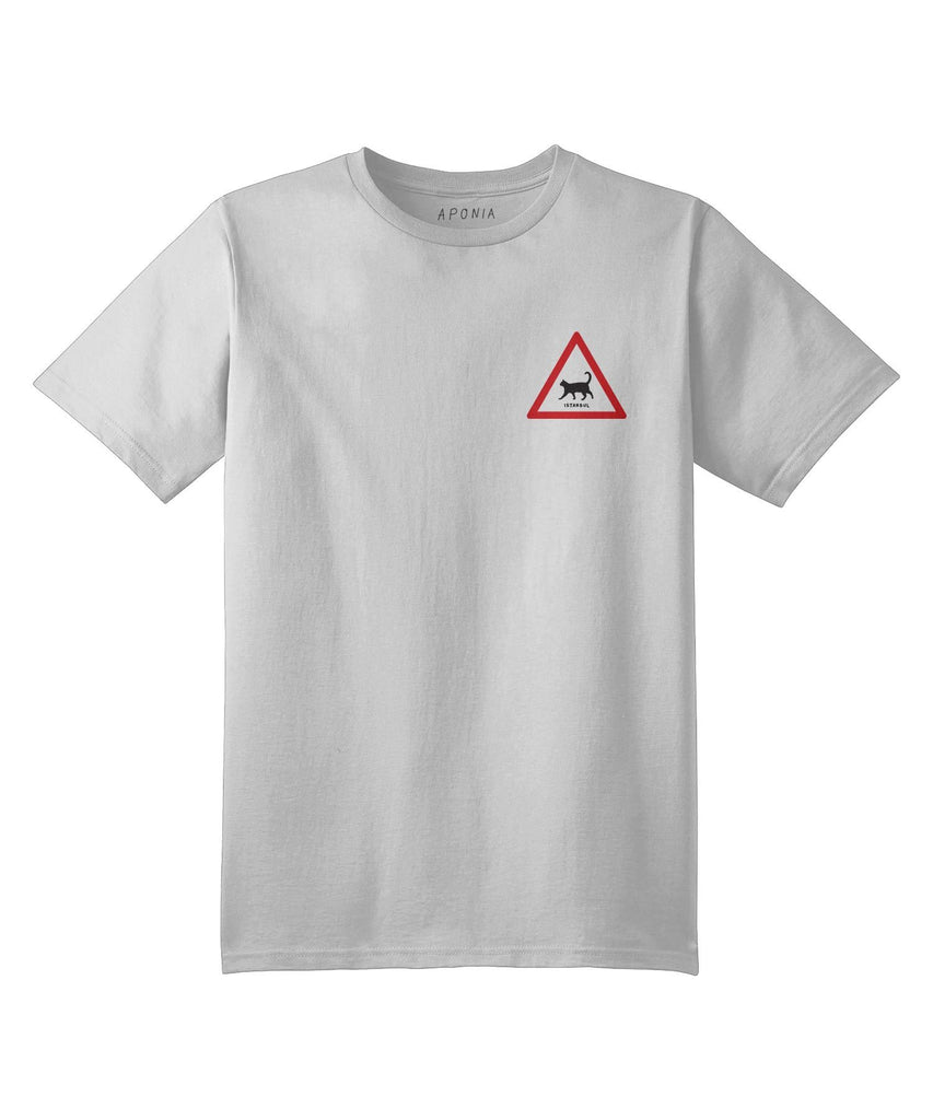 Istanbul tshirt. A white t shirt with the graphic of a walking cat triangle traffic sign and underwritten of Istanbul
