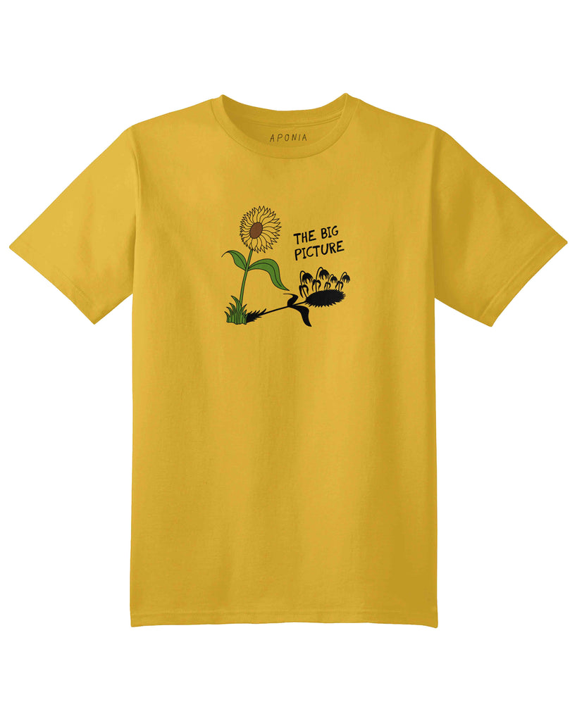 A yellow t shirt with a graphic of an alive sunflower that shadows some other dry sunflowers.