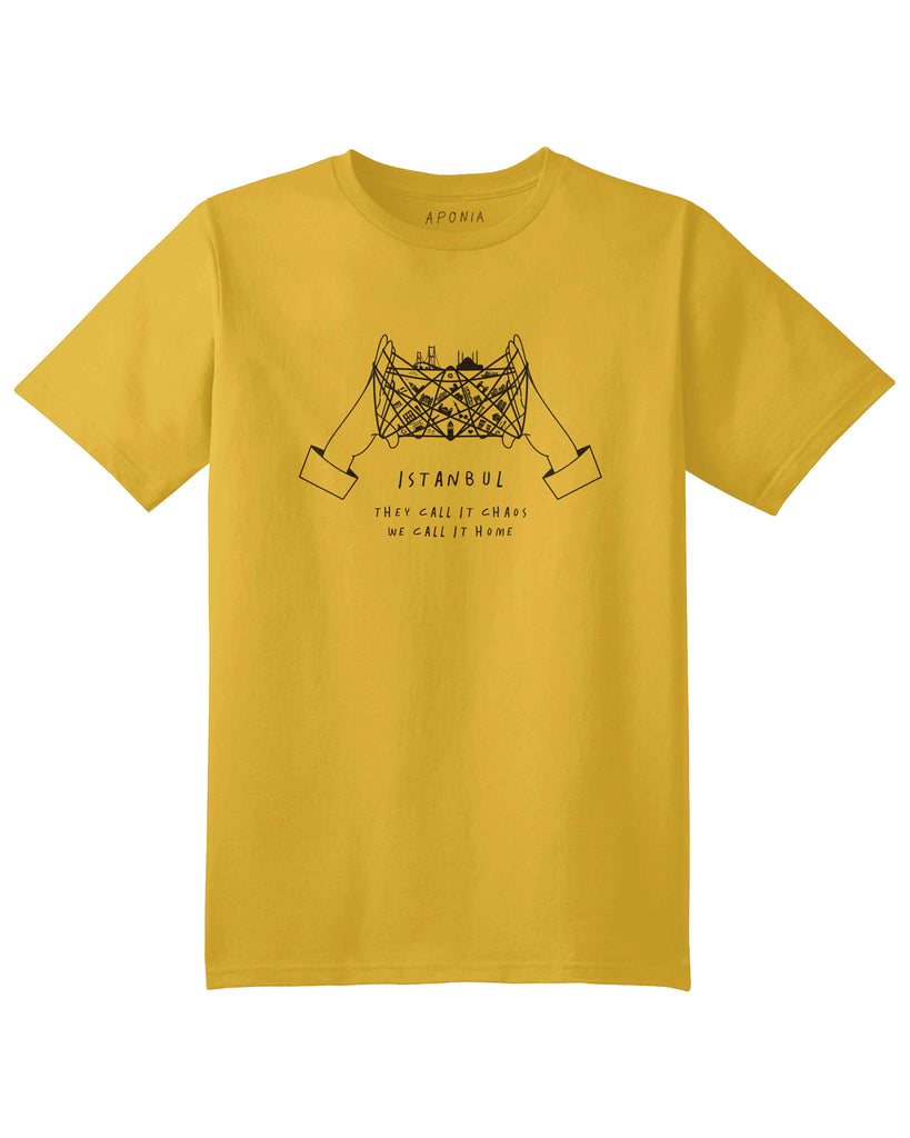 A yellow t shirt with a graphic of cat's cradle with Istanbul attractions on the thread and slogan of "they call it chaos, we call it home"